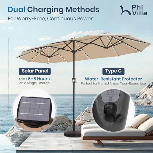 PHI VILLA 13ft Patio Umbrella with Solar-Powered 120 PCS LED Color-Changing Lights, Triple-Head Large Rectangle Umbrella Outdoor Patio for Table with Crank Lift,Beige(No Base)