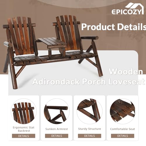 EPICOZY Outdoor 2-Person Wooden Adirondack Bench, Conversation Furniture Set with Patio Rustic Loveseat & Built-in Table, Carbonized Garden Bench Fire Pit Chair for Backyard Porch Pool Deck