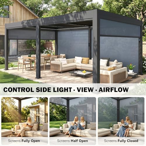 MELLCOM Motorized Louvered Pergola 12x20, Solar & Electric Powered with LED Lights and 6 Side Screens, Aluminum Adjustable Louvered Roof, Weatherproof Outdoor Shelter