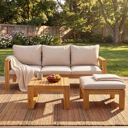 Christopher Knight Home Kayahs 3 Pieces Acacia Wood Furniture Set, Patio Conversation Sofa with Coffee Table and Ottoman, Outdoor 3-Seater Sofa Set for Backyard Balcony Gardern, Teak Finish+Beige