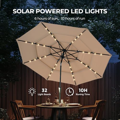 HOMSHADE 9FT 3-Tier Solar Patio Umbrella Heavy Duty, Vented Market Table Umbrella Windproof with 32 LED Lights, UPF50+, 5-Year Fade Resistant, 8 Thicker Ribs for Pool, Lawn, Garden, Deck (Beige,No Base)