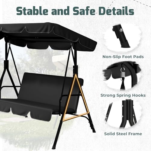 AECOJOY Porch Swing with Stand, Outdoor Swings for Adults, 3-Seat Outdoor Swing with Canopy, Outside Swing Bench with Removable Cushion, Suitable for Backyard, Garden, Yard, Poolside, Balcony (Black)