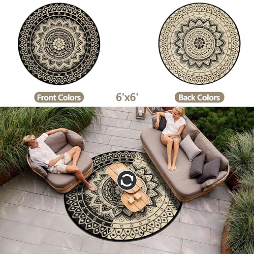Round Outdoor Rugs for Patios, 6Ft Waterproof Reversible Plastic Straw Mat with Carry Bags, Boho Lightweight Outdoor Carpet Portable Round Floor Mat for Patio Camping Picnic Backyard RV,Black Camel