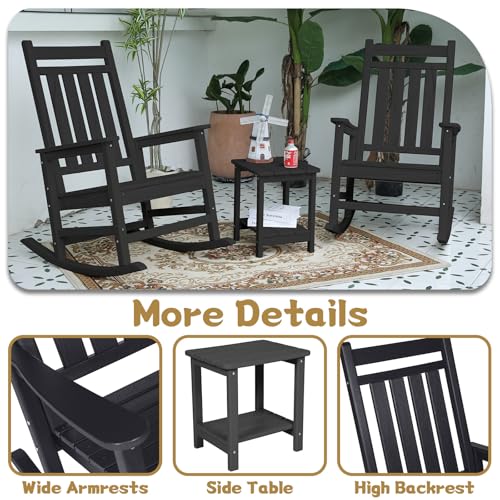 HRVEOCEI Oversized Outdoor Rocking Chair Set of 2 with Table, HDPE Patio Racking Chairs for Front Porch Outside All Weather, 300 LBS Capacity (Set of 2, Black)