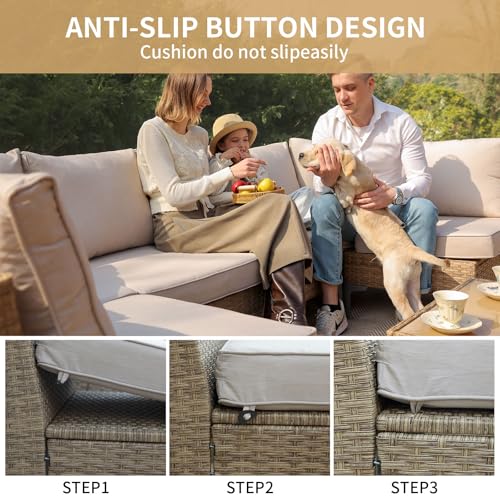 JOYURE 5 Piece Wicker Patio Furniture Set,Outdoor Conversation Sectional Sofa w/Coffee Table,All-Weather Outdoor Sofa with Thick and Anti-Slip Cushions for Deck,Poolside,Garden,Beige