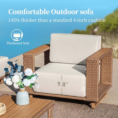 SUNSHINE VALLEY Patio Sectional Furniture, Outdoor Yellow Rattan Wicker Sofa with 10''Ultra-Thick Cushions, L Shaped Modular Patio Conversation Set, Low Profile Lawn Garden Backyard Couch Set