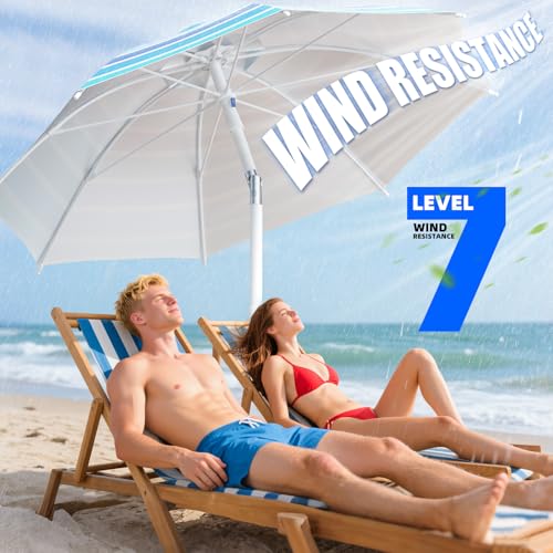 Alfolive 8FT. Large Beach Umbrella with Heavy Duty Sand Anchor & Tilt Sun Shelter, UPF50+ UV Protection, Wind Resistance, Waterproof Canopy, Portable for Beach Outdoor Patio Yard Garden Pool, Blue