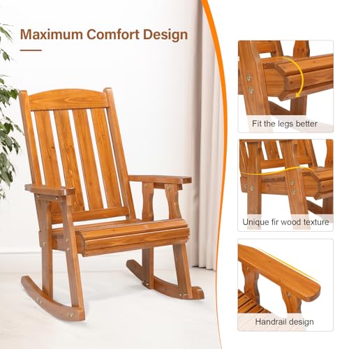 VINGLI Outdoor Rocking Chair Set of 2, Heavy Duty 600 LBS Wooden Rocking Chair with Comfortable Backrest, Weatherproof Rocker with Ergonomic Design, Suit for Patio, Garden, Yard, Teak