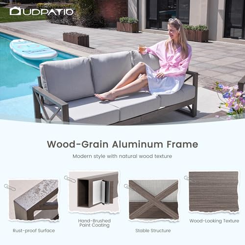 UDPATIO Aluminum Patio Furniture Set, Faux Wood Grain Modern Outdoor Furniture, 6" Cushions Metal Patio Conversation Sofa with Coffee Table for Poolside Deck, 8 PCS, Beige(Include 600D Covers)