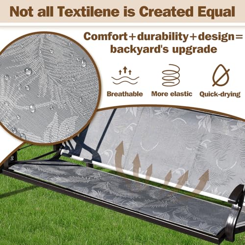 ZZW 3 Person Patio Swing Outdoor Swing for Adults with Adjustable Canopy &Upgraded Cup Holders Textilene Fabric Porch Swing Chair with Stand Heavy Duty 800 LBS