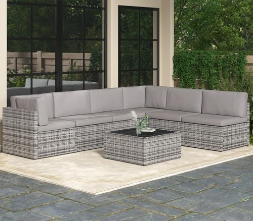 AECOJOY 7 Piece Outdoor Patio Furniture Set, Outdoor Sectional Conversation Furniture Chair with Coffee Table,Patio Sectional for Garden,Backyard(Grey Cushions and Grey PE Rattan, with Cover)