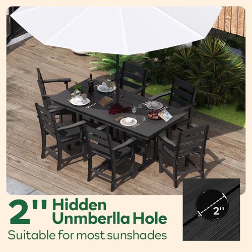 HOPUBUY 7 Pieces Patio Dining Set for 6, 71" HDPE All-Weather Patio Table and Chairs Set with Umbrella Hole, Durable Outdoor Furniture Set for Garden, Backyard, Lawn & Poolside (Black)