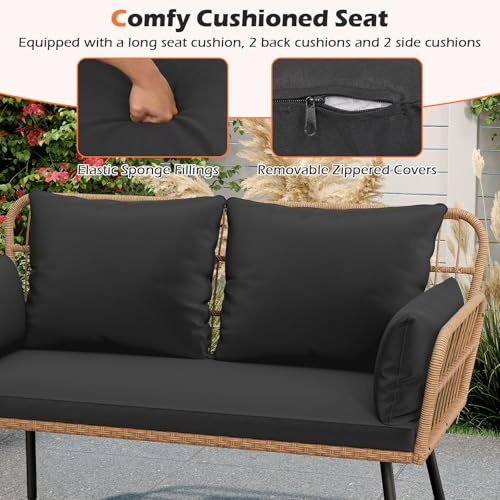 Tangkula Patio Wicker Loveseat, Outdoor 2-Seater PE Rattan Sofa with Pillows, Cushions, Metal Frame & Adjustable Foot Pads, 660 lbs Outside Couch for Porch, Backyard & Poolside (Black, 50.5" L)