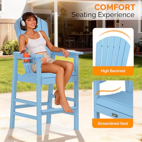 VINGLI Tall Adirondack Chairs Set of 2, All-Weather Plastic Adirondack Chair with Cup Holders, Heavy-Duty HDPE Outdoor Bar Stools for Patio, Balcony, Pool, Backyard (Blue, 2 PCS)