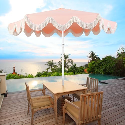 JONATHAN Y Collins 9 ft. Bohemian Fringe Outdoor Patio Umbrella with Crank Lift and Tilt, Scalloped UV-Resistant Market Sunshade for Pool and Deck, Coral Pink, White Pole UMB1001J