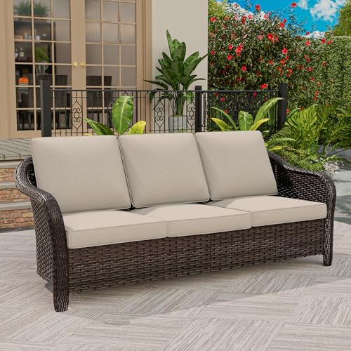 Qsoer 77 inch Outdoor Wicker 3 Seater Sofa, All-Weather Use Patio Rattan Sofa with Seat and Back Cushion, Ideal for Porch, Backyard, Balcony, Poolside, Beige