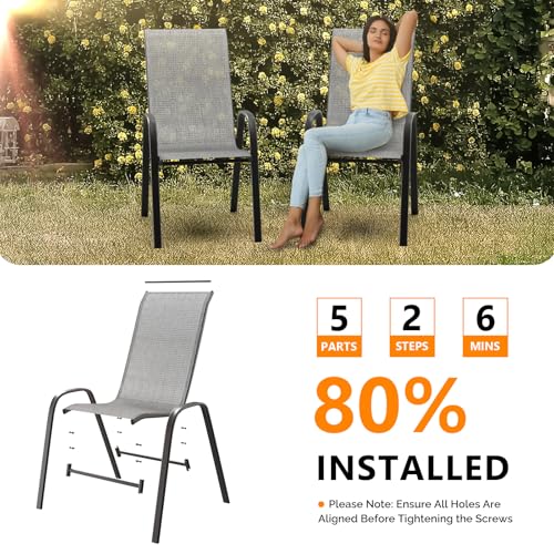 VINGLI Set of 2 Stackable Outdoor Bar Stools – Sling Chairs with High Back & Armrests, for Lawn, Garden, Bar, Grey