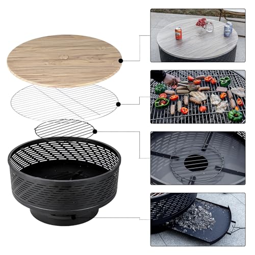 OutVue 32" Wood Burning Fire Pits with Grill & Lid, Fire Pit Table for Outside with Waterproof Cover & Fire Poker, Outdoor Firepit with Functions for BBQ,Table and Bonfire