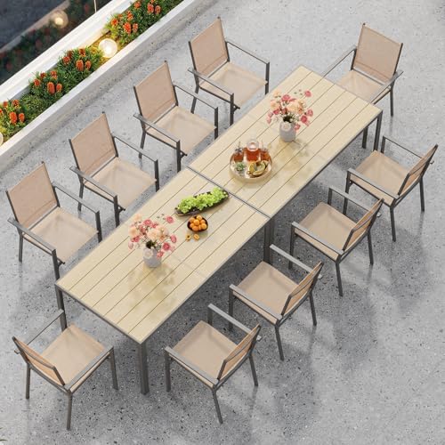 Ahomly Patio Table and Chairs Set for 6, Outdoor Dining Set Includes 59.5" Rectangle Patio Table with Side Umbrella Hole and 6 Textilene Fabric Patio Chairs for Backyard, Courtyard, Poolside, Brown