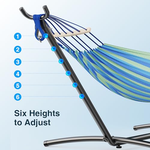 ANAGOO Double Hammock with Stand, 2 Person Hammock with Anti-Rollover Spreader Bar, Adjustable Height Heavy Duty Steel Stand, 500LB Capacity Portable Hammock for Patio Backyard Camping, Wide Blue