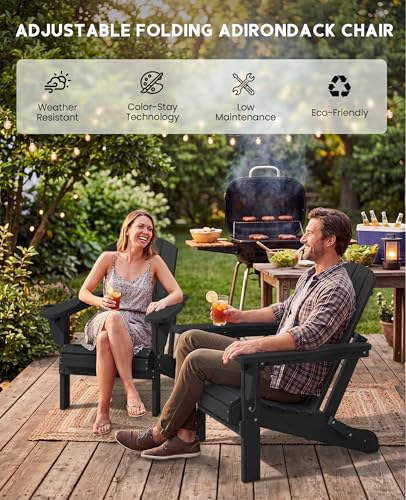 SERWALL Folding Adirondack Chair Set of 6, Adjustable Adirondack Chair with 3 Recline Positions, All Weather HDPE Outdoor Adirondack with Cup Holders, Black