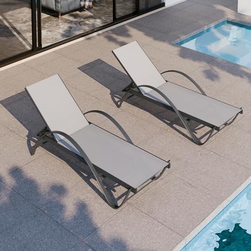 Shintenchi Patio Chaise Lounge Set of 2, Pool Chaise Lounge with Arm,Outdoor Lounge Chair with 5 Adjustable Backrest,Sunbathing Recliner,Beach Chair,Pool Chairs,Light Grey