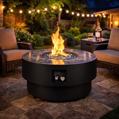 COMAZOO 2PCS 32 Inch Round Fire Pit Table with Tank Cover, 2-in-1 Outdoor Propane Fire Pit Table for Patio, Garden & Backyard, 50,000 BTU with Lid, Glass Rocks & Waterproof Cover, Black