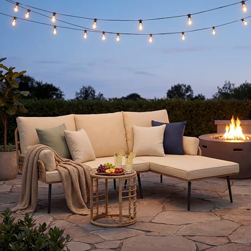 Gizoon 3-Piece Outdoor Patio Furniture Set, All-Weather PE Wicker L-Shaped Conversation Sofa with Thick Cushions & Glass Table, for Backyard, Porch, Balcony, Poolside (Beige)