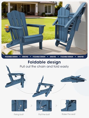 KINGYES Folding Adirondack Chair Set of 2, HDPE All-Weather Patio Chairs with Cup Holder, Wooden Textured Fire Pit Chairs for Poolside, Backyard, Deck, Navy