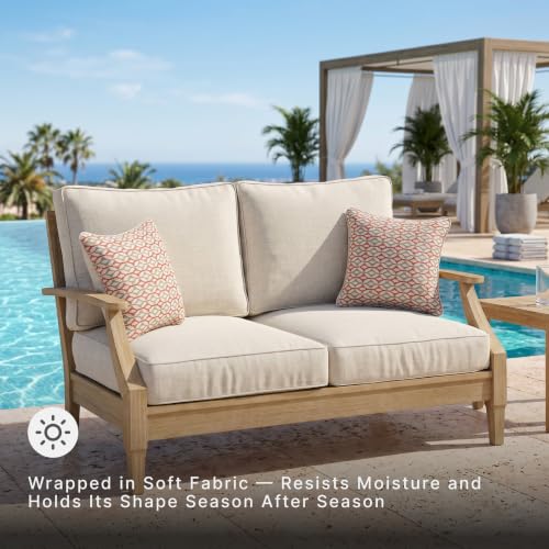 Signature Design by Ashley Clare View Coastal Outdoor Loveseat, Cushioned with Nuvella Fabric, Protective Finish, Eucalyptus Wood, 55.5" W x 35" D x 32" H, Beige