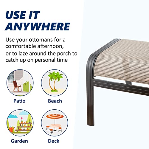 Deugold Outdoor Patio Ottoman Seat Textilene Portable Metal Footstool Portable Footrest Patio Chairs 2 Set Beige