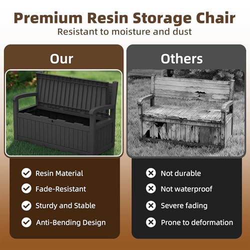 EasyUp 80 Gallon Wood Grain Style Outdoor Storage Bench, Waterproof and Lockable Deck Box Outdoor Storage Furniture for Patio,Garden,and Porch – Perfect for Storing Garden Tools and Cushions(Black)