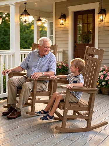 YEFU Outdoor Rocking Chairs Set of 2, Rocking Chairs Outdoor Weather Resistant, Porch Rocker Oversized, Patio Rocker Poly, for Lawn Garden, Heavy-Duty 350lbs(Teak)