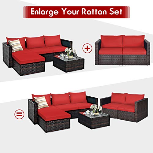 Tangkula 2 Seat Outdoor Wicker Loveseat Sofa Set, Modular PE Rattan 2 Pieces Outdoor Wicker Corner Sofa, Outside Furniture Set for Deck, Backyard, Porch, Garden & Poolside, Red