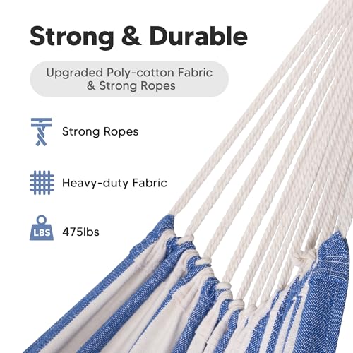 SUNCREAT Large Hammocks for Outside, Long Replacement Hammock Two Person for Stand, Blue White Stripes