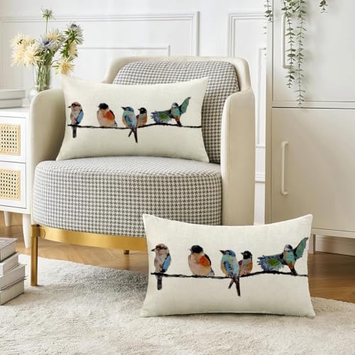 RABUSOFA Outdoor Pillow Covers Waterproof 12x20,Outdoor Bird Lumbar Throw Pillow Cases Small Decorative Pillows for Couch Patio Furniture Polyester Linen Teal Blue