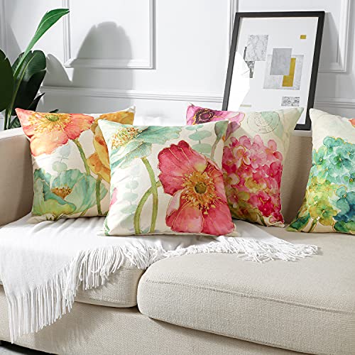 Artscope Set of 4 Waterproof Throw Pillow Covers 18x18 Inches, Hydrangea and Lotus Pattern Decorative Cushion Covers, Perfect to Outdoor Patio Garden Living Room Sofa Farmhouse Decor