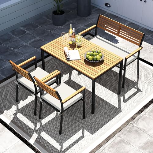 Tangkula 4 Piece Patio Dining Furniture Set, Outdoor Dining Chair Set for 4 w/Acacia Wood & Metal Frame, Umbrella Hole, 1 Table, 2 Armchairs, 1 Bench for Lawn, Garden, Backyard, Porch