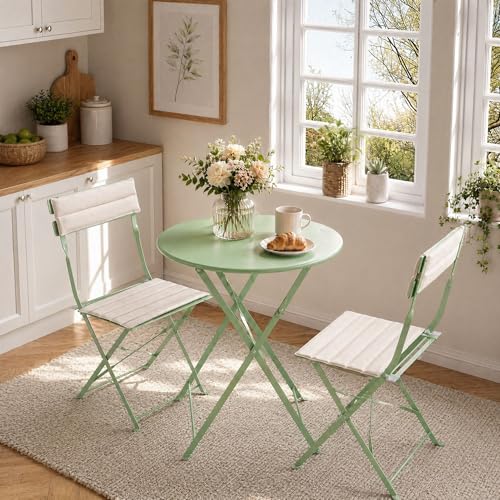 Bistro Table and Chairs set of 2, 3 Piece Folding Outdoor Patio Bistro Set with Comfortable Cushions, Weather-Resistant Stable Small Patio Furniture Set for Backyard Balcony Porch Coffee Shop, Green