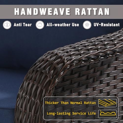 Qsoer 77 inch Outdoor Wicker 3 Seater Sofa, All-Weather Use Patio Rattan Sofa with Seat and Back Cushion, Ideal for Porch, Backyard, Balcony, Poolside, Blue
