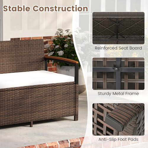 RELAX4LIFE Wicker Outdoor Storage Bench - Rattan Deck Box w/Protective Liner for Patio Furniture Pillows, Pool Supplies & Garden Tools, Porch Loveseat with Seat Cushion, Acacia Wood Armrests