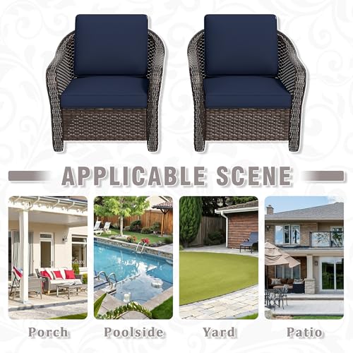 Qsoer Outdoor Wicker Chair Set of 2, All-Weather Use Patio Rattan Chair with Seat and Back Cushion, Ideal for Porch, Backyard, Balcony, Poolside, Blue