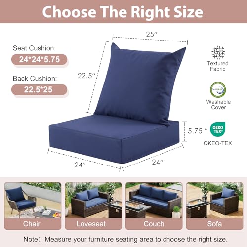 MuaMelop Outdoor Deep Seat Cushion Set, 24x24 Inch Water-Resistant & Fade-Resistant Outdoor Chair Cushions, Patio Furniture Cushions with Removable Cover for Patio Chair, Sofa,Navy Blue (Set of 1)