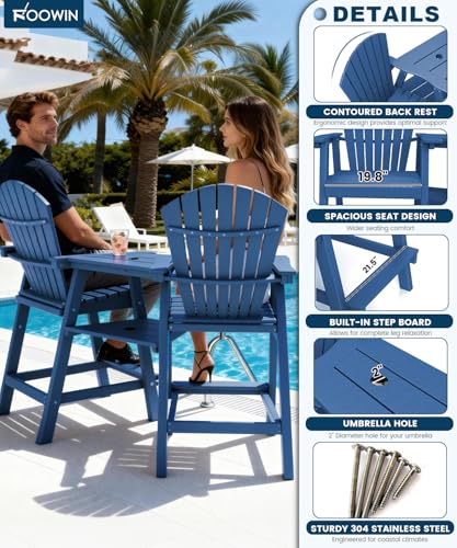 FOOWIN Tall Adirondack Chair Set of 2, All Weather HDPE Bar Height Adirondack Chair with Double Connecting Trays, Adirondack Barstools for Balcony, Deck, Backyard, Patio, Garden Navy Blue