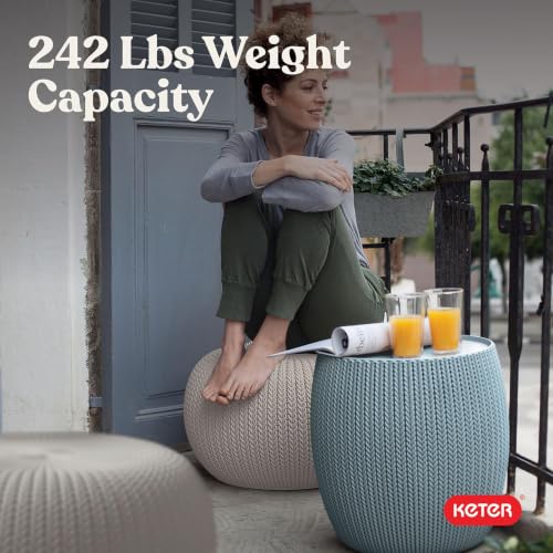 Keter Urban Knit Pouf Ottoman Set of 2 with Storage Table for Patio and Room Décor - Perfect for Balcony, Deck, and Outdoor Seating, Misty Blue & Taupe