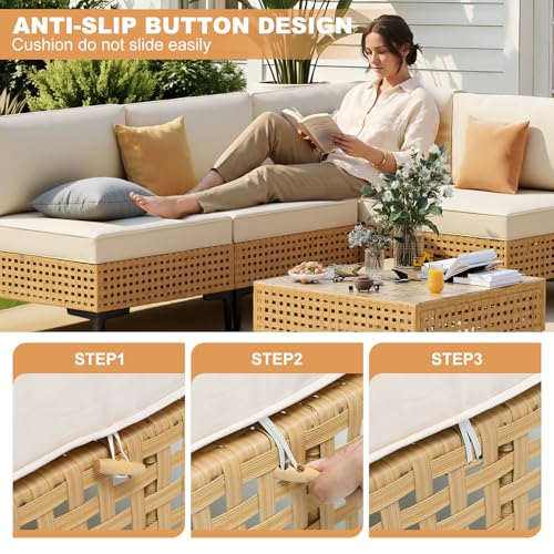 ABCASA Patio Furniture Set, 110" Large 7-Piece Wicker Outdoor Patio Furniture Sets with Anti-Slip Cushions & Coffee Table,Boho Patio Conversation Set Sectional Sofa for Backyard,Porch,Beige