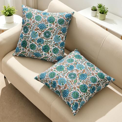 Allorry Outdoor Pillow Covers 18x18 Set of 2 Vintage Blue Floral Block Print Pillow Cover Neutral Modern Farmhouse Boho Decorative for Spring Summer Outdoor Sofa Bedroom Living Room DecorJB013-A18