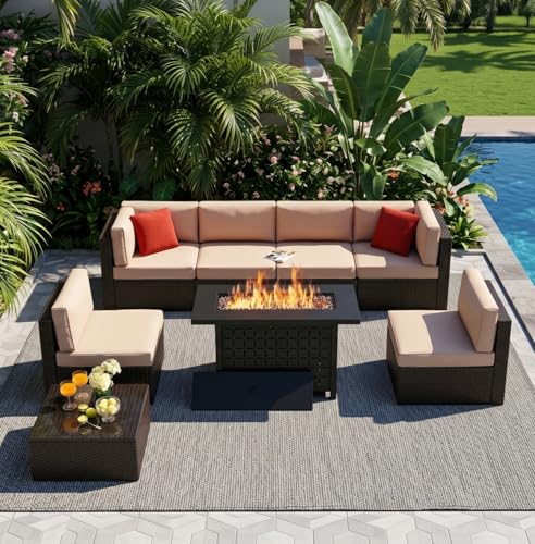 Vongrasig 8 Pieces Patio Furniture Set with 43" Fire Pit, Outdoor Couch Sectional Set, Small Conversation Set, 50,000 BTU Gas Fire Pit Propane Fire Table with Lid, Beige