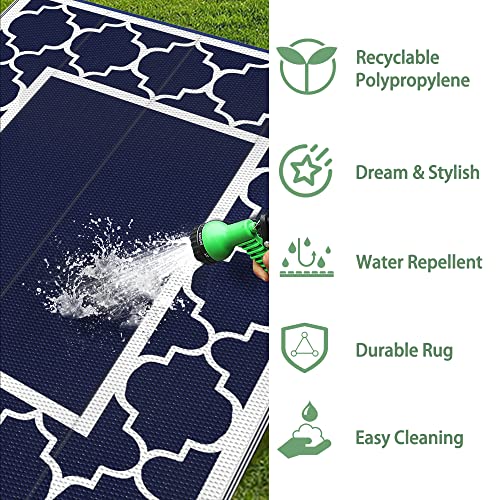 GENIMO 5' x 8' Outdoor Rug Waterproof for Patio Decor, Foldable Reversible Plastic Straw Area Rugs Mat for Camper, Outside Carpet for Rv, Deck, Porch, Picnic, Beach, Balcony, Blue & White