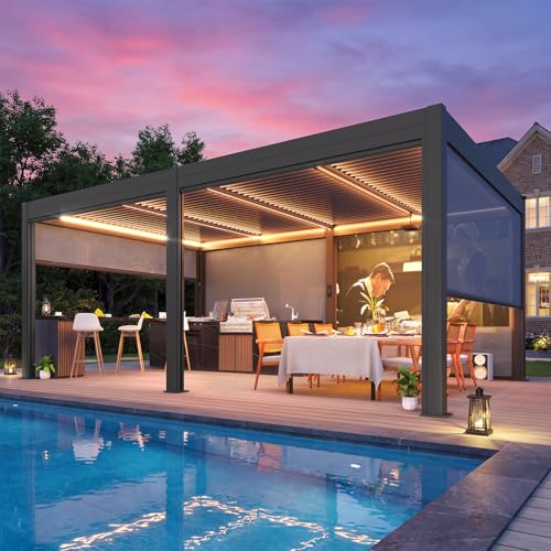 MELLCOM Motorized Louvered Pergola 12x20, Solar & Electric Powered with LED Lights and 6 Side Screens, Aluminum Adjustable Louvered Roof, Weatherproof Outdoor Shelter